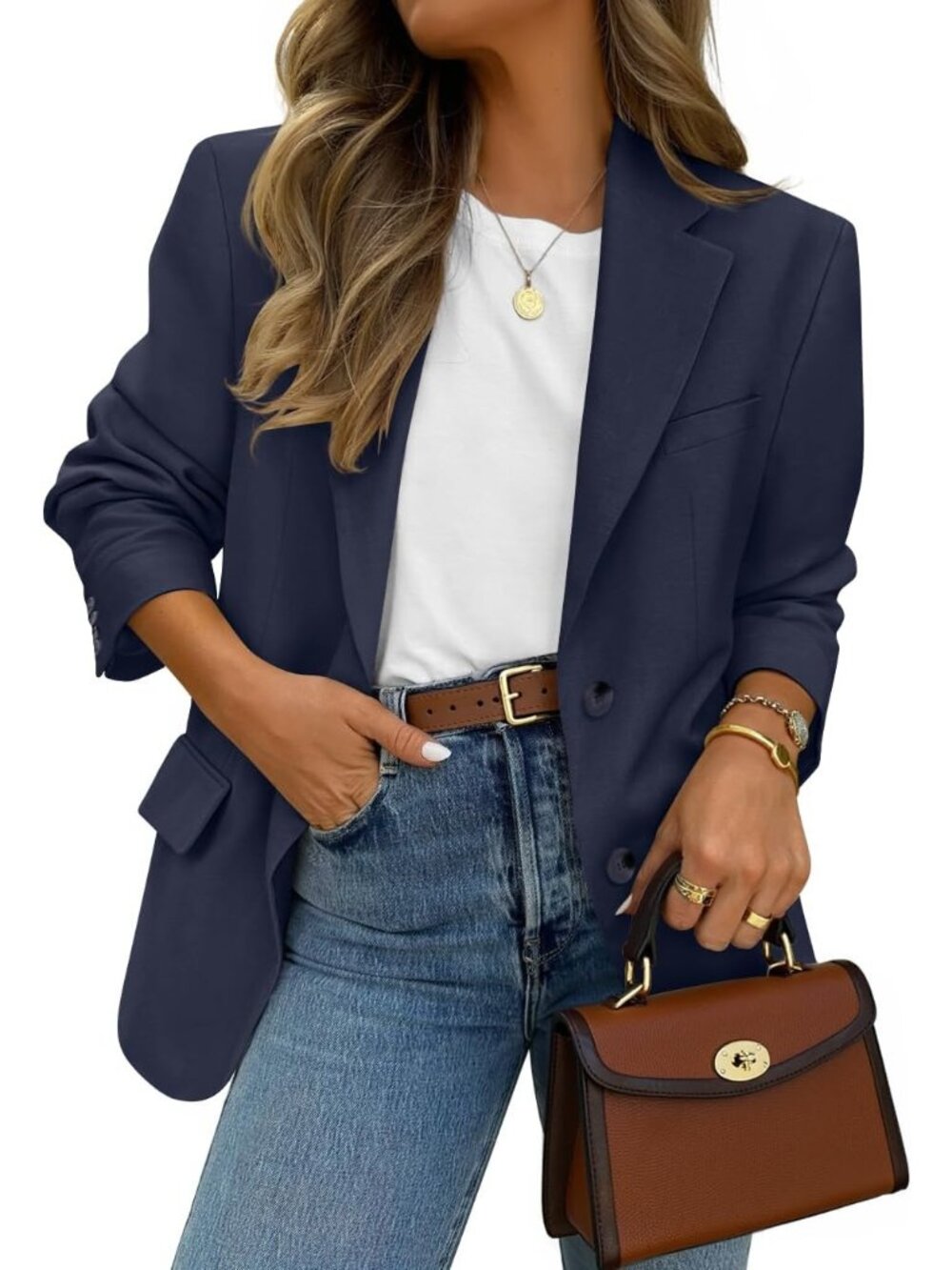 〽️Women's Navy Business Casual Lapel Lightweight Soft Long Sleeve Front Blazer